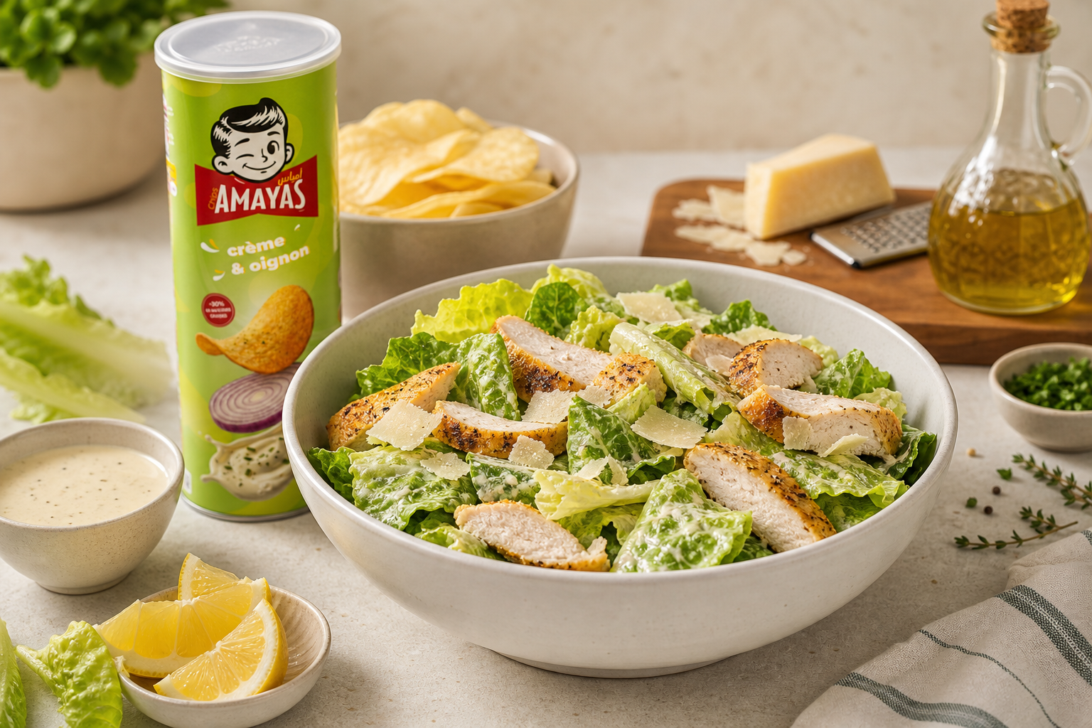 Salade César croustillante aux éclats de chips Amayas crème oignon