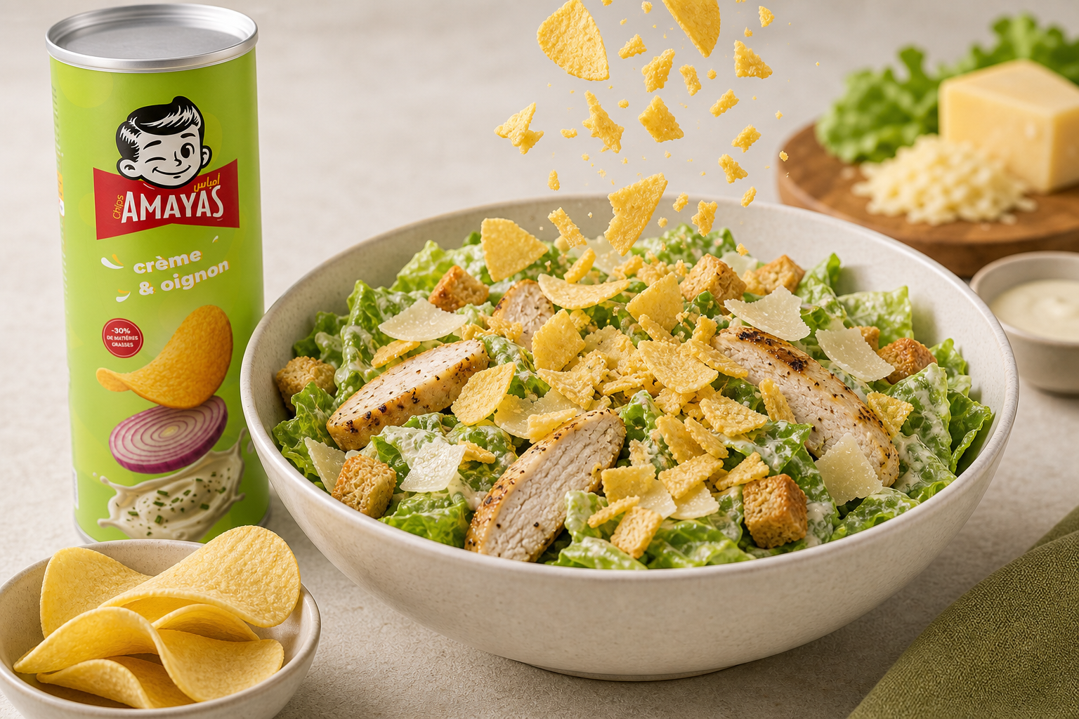 Ajout des éclats de chips tuile sur la salade